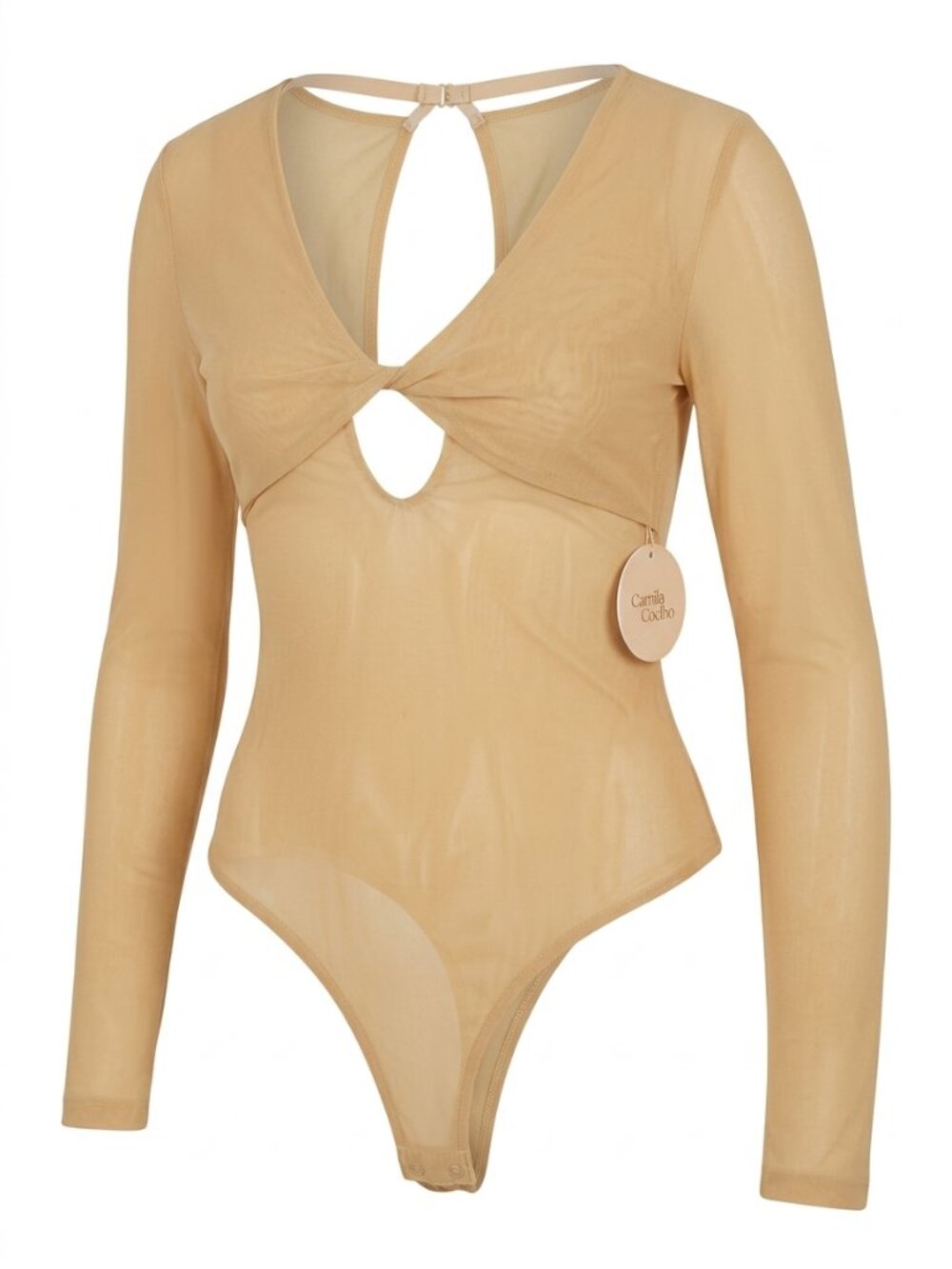 Camila Coelho Reyes Long-Sleeve Halter Bodysuit Tan NWT